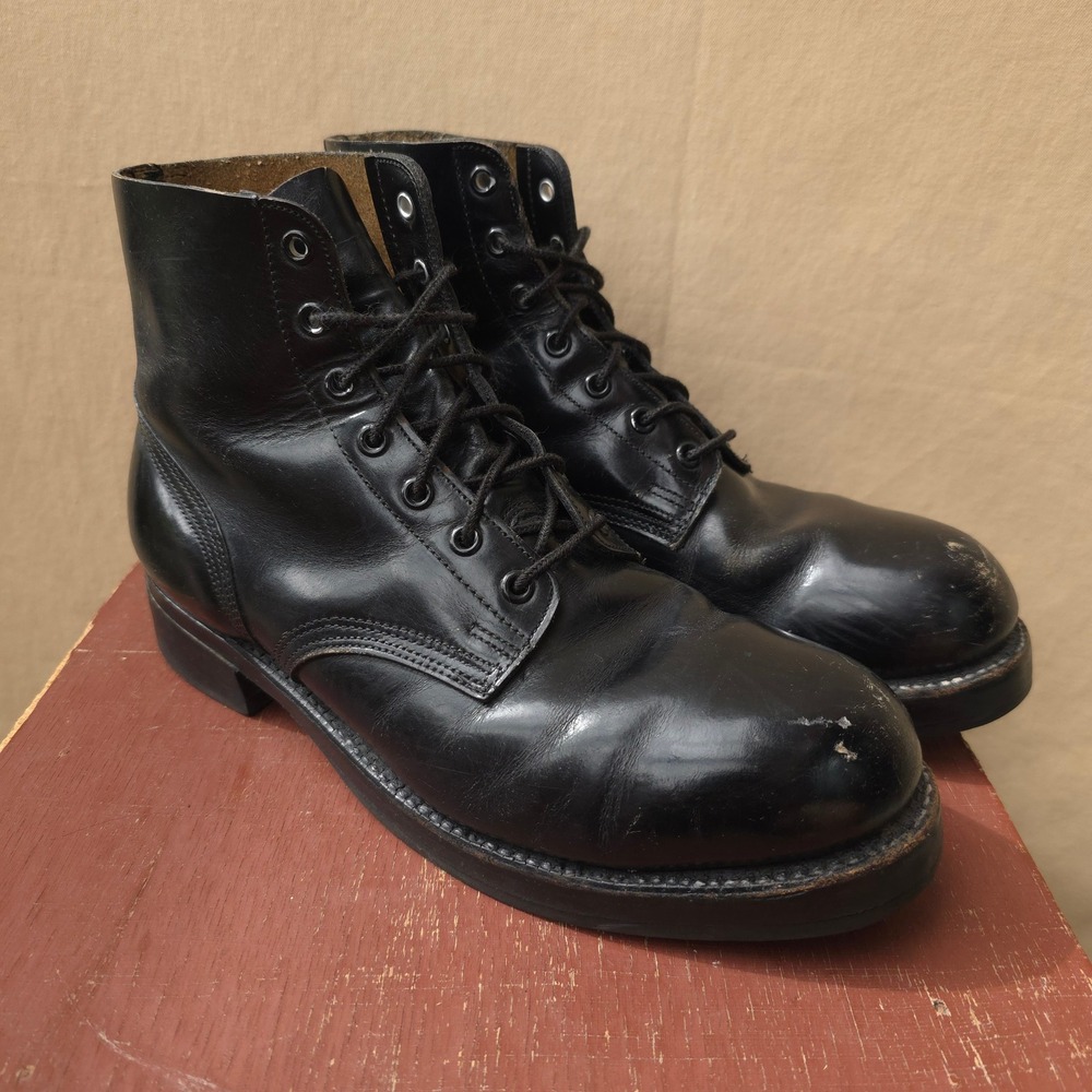 Vintage 90s Black Leather Combat Boots 9.5 Military Work Lace Up Steel Toe